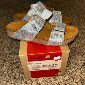 Haflinger Women’s 37 6 Andrea Beige Glitter Leather Slide Sandals Cork Footbed